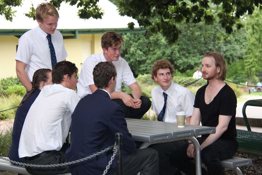 Nic Newling with Blue Mountains Grammar students