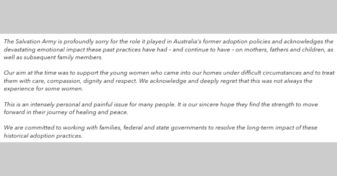 A photo of a statement from the Salvation Army apologising for the role it had in Australia's former adoption policies.