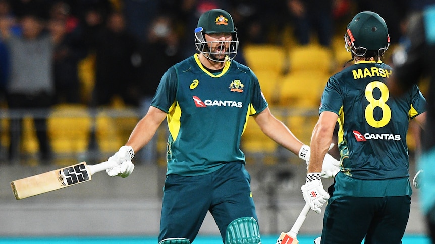 An Australian T20 cricketer stands with arms out and bat held out, as his teammate comes towards him. 