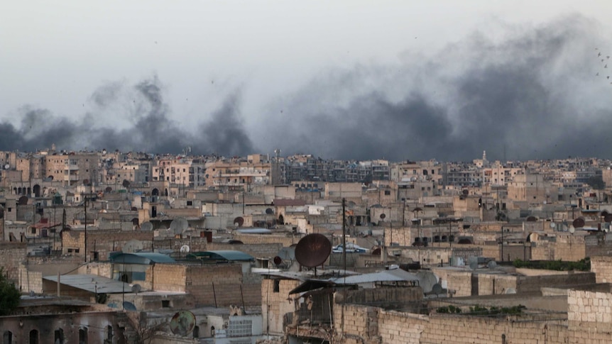 Smoke rises after airstrikes on the rebel-held al-Sakhour neighbourhood of Aleppo.