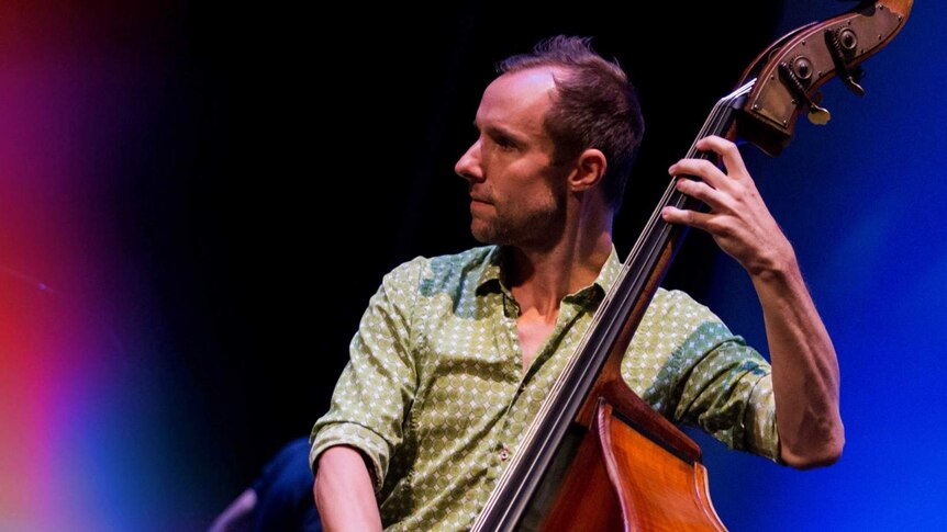 Sam Anning playing bass at the Wangaratta Jazz Fest, 2015