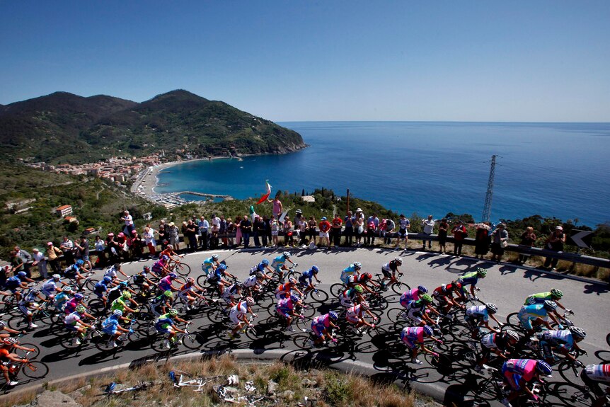 The peloton rides up a hill during the 155-km 12th stage of the Giro d'Italia.