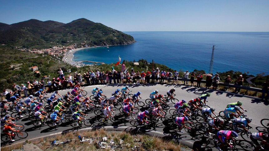The peloton rides up a hill during the 155-km 12th stage of the Giro d'Italia.