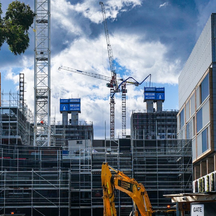 A construction site in Gosford. Cranes and scaffolding.