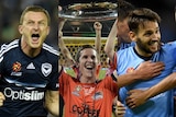 A composite of three separate images. Besart Berisha screaming, Matt McKay lifting a trophy and Milos Ninkovic smiling