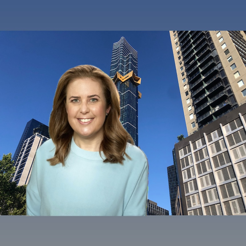 A woman in a blue shirt smiles while superimposed against a backdrop of high rise buildings 