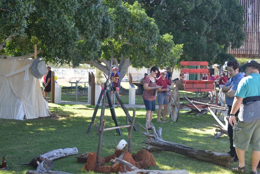 Tourists explore the strike camp at the Barcaldine Tree of Knowledge Festival.
