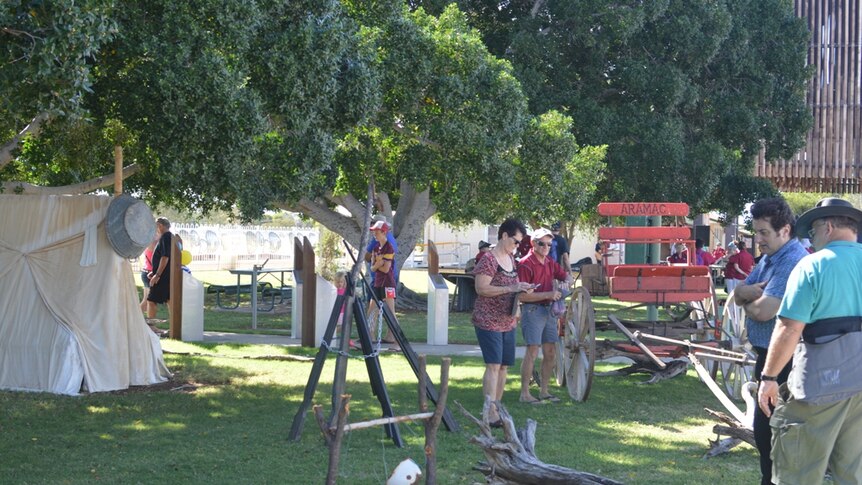 Tourists explore the strike camp at the Barcaldine Tree of Knowledge Festival.
