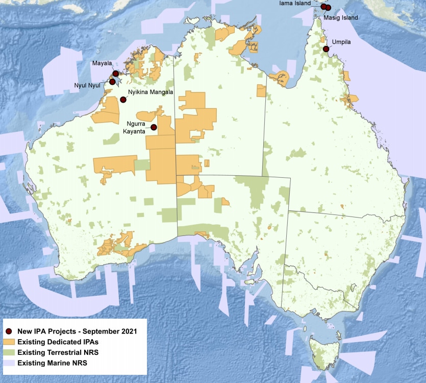 A map of new and establish Indigenous Protected areas.