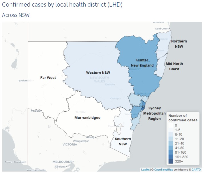 A map of NSW showing cases of COVID-19 in the state's local health districts.