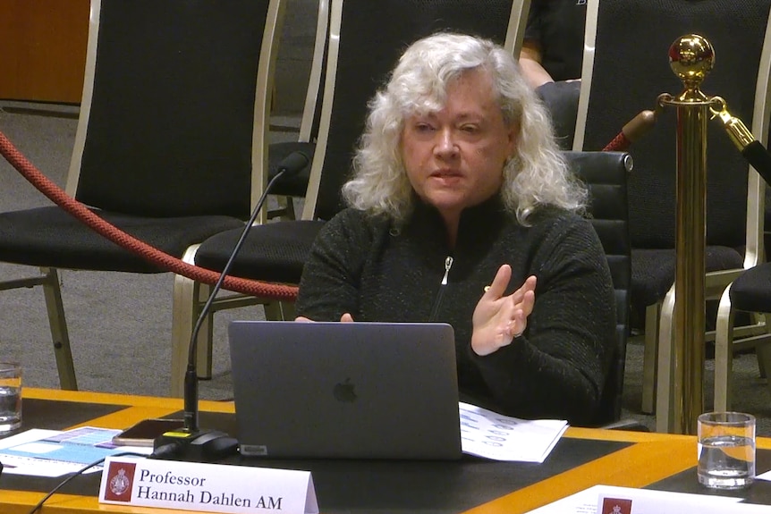 A woman with greying hair sits behind a desk as she speaks at an inquiry about birth trauma