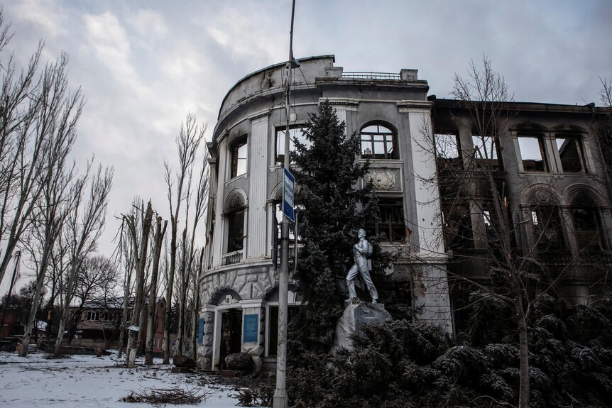 A view shows a damaged building in the frontline town of Bakhmut.