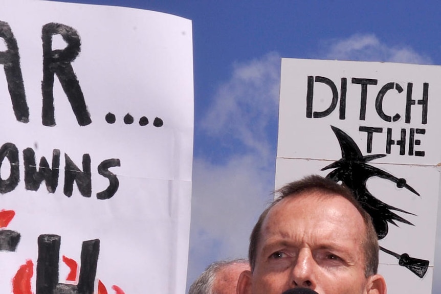 Abbott speaking at the anti-carbon tax rally in Canberra