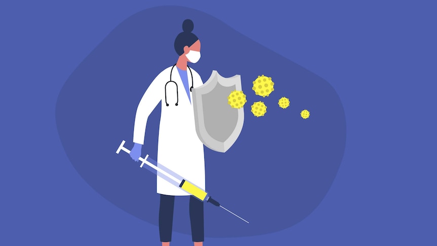 A cartoon doctor holds a shield to a virus and has a syringe in her hand.