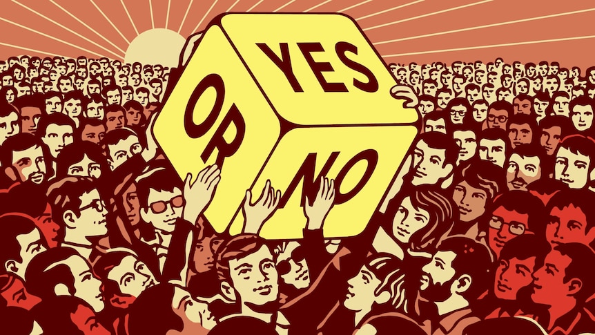 An illustration shows a crowd of people passing large dice with a yes or no choice.