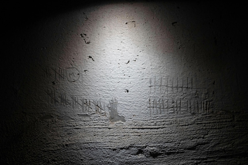 Tally marks etched on a wall.