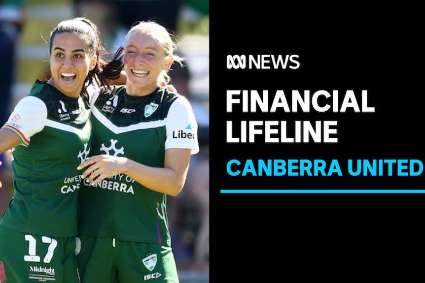 Financial Lifeline, Canberra United: Two women in soccer kits celebrate with an arm around each other mid-match.