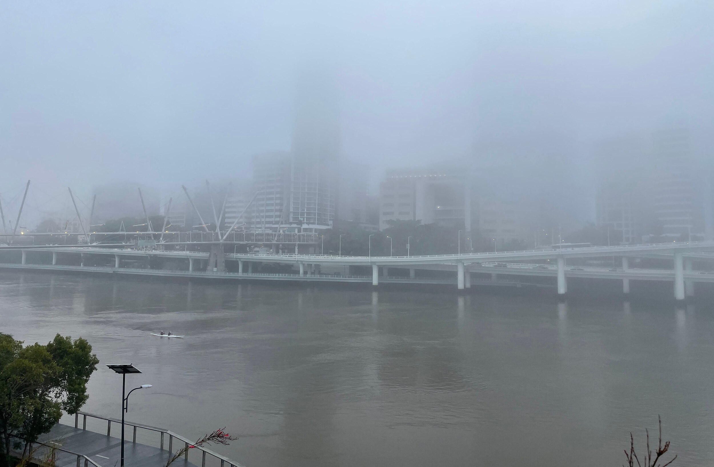 The fog-shrouded view across the Brisbane River from South Bank