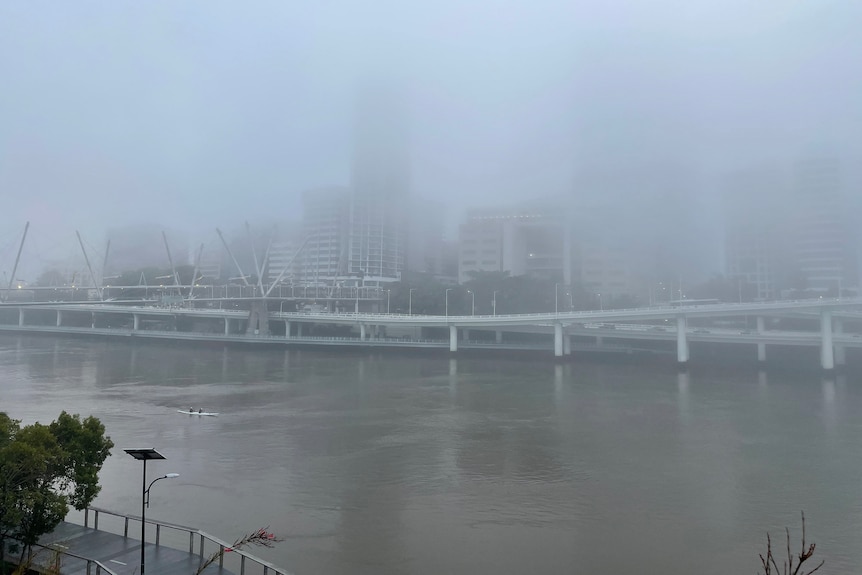The fog-shrouded view across the Brisbane River from South Bank