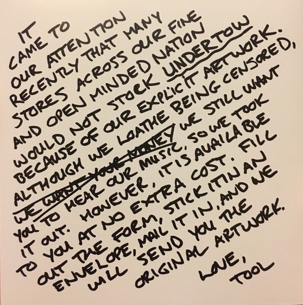 A handwritten note from Tool telling fans to mail in for original artwork that had been censored by US retailers