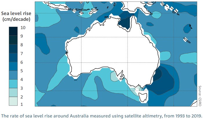 Map of rate of sea level rise since 1993. Highest at 10cm in Gulf of Carpentaria and NSW coast.
