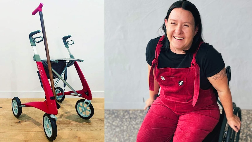 A photo of Brooke Mott, smiling, sitting in her wheelchair