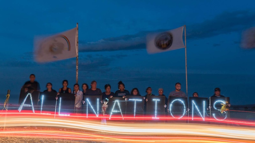 'All nations' in lights at Sacred Stone Camp