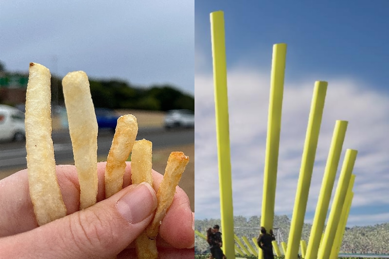 Split screen image, one side shows a hand holding up five hot chips, the other side shows a yellow statue that resembles chips.