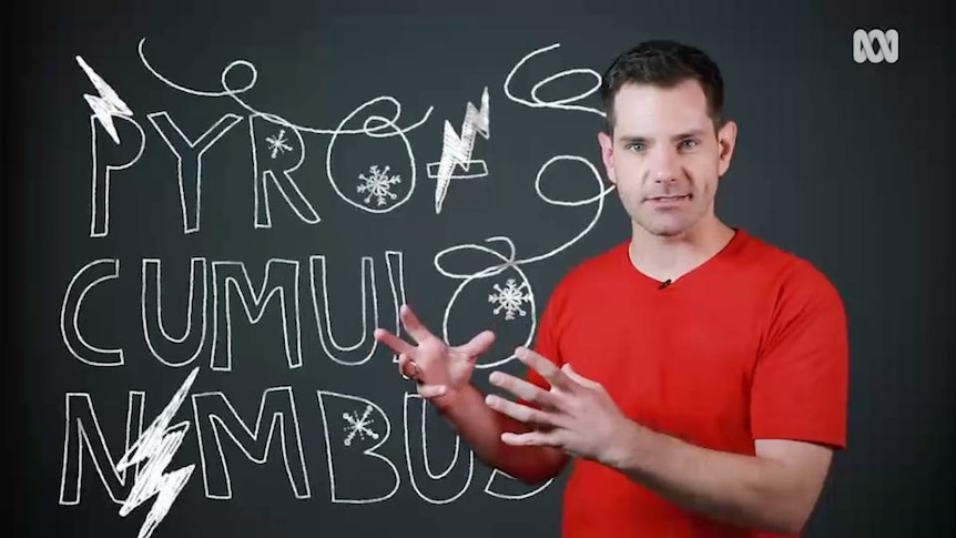 Man stands in front of blackboard showing text 'pyrocumulus'