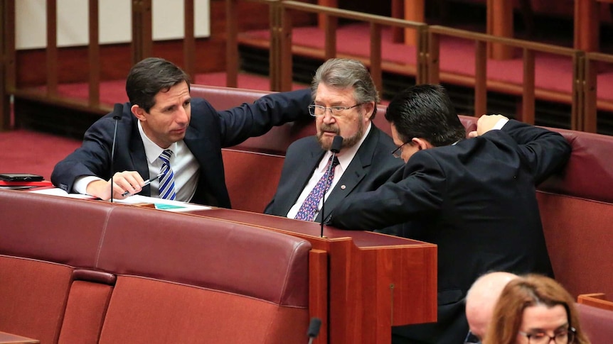 Nick Xenophon, Simon Birmingham surround Derryn Hinch in the Senate