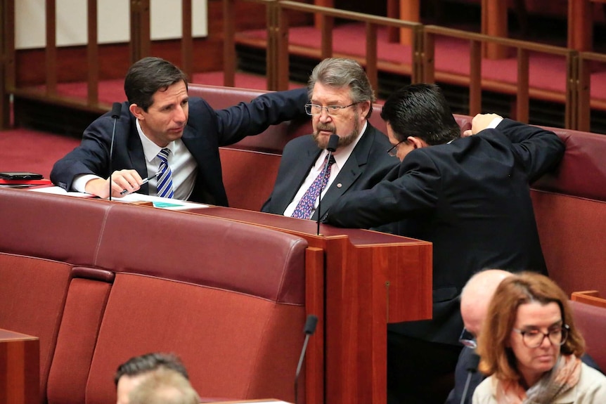 Nick Xenophon, Simon Birmingham surround Derryn Hinch in the Senate