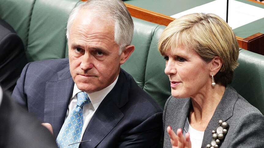 Prime minister Malcolm Turnbull speaks with foreign minister Julie Bishop during question time.