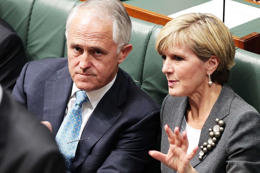 Prime minister Malcolm Turnbull speaks with foreign minister Julie Bishop during question time.