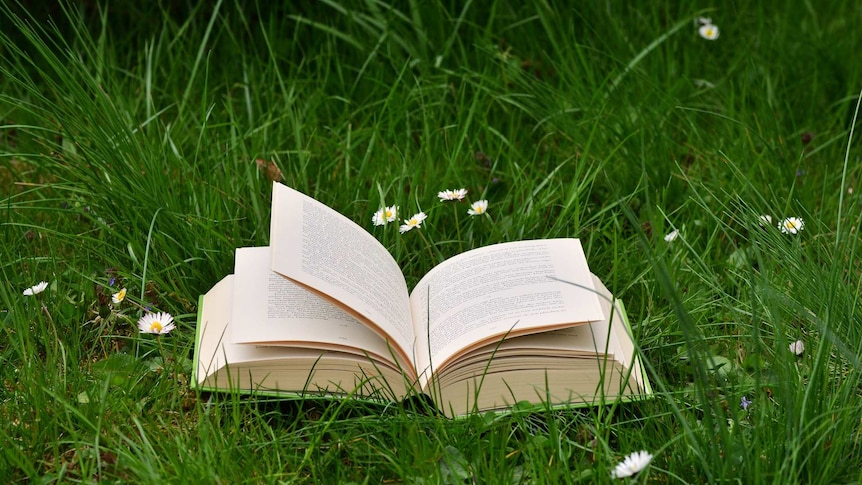 A thick book lies open on a bed of grass and flowers.