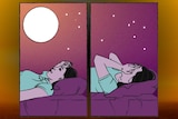 An illustration of a woman unable to sleep at night
