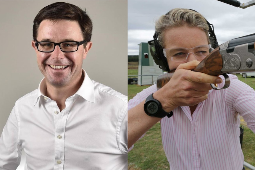 David Littleproud smiles at the camera. Bridget McKenzie is firing a gun while wearing safety equipment.