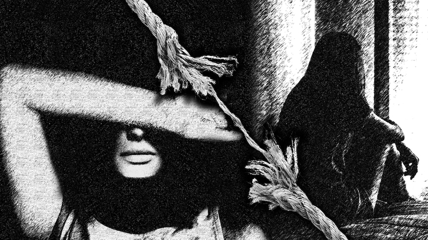 A graphic shows a rope fraying and a woman covering her face with her arm.
