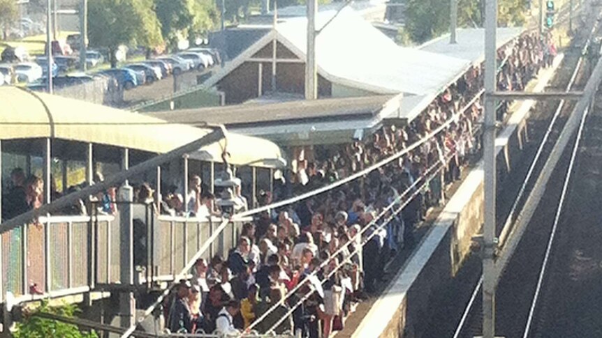 Commuters queue at Ingleburn station in Sydney's south west.