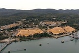 Aerial of Gunns Woodchip mill adjacent to Pulp mill site (TV Still)