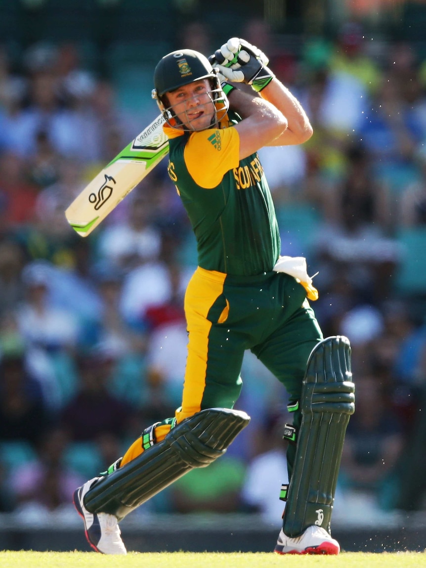 AB de Villiers of South Africa bats during the 2015 ICC Cricket World Cup match between South Africa and the West Indies