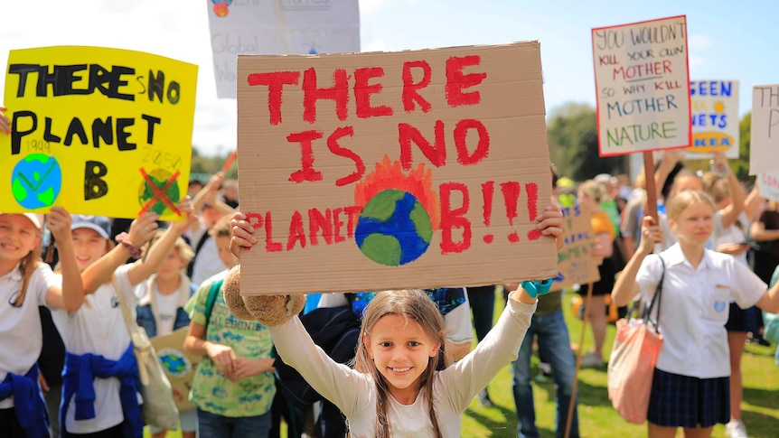 A young girl holds a hand made sign reading 'There is no planet B'.