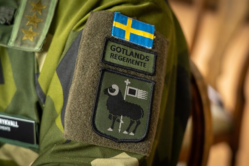 The patch of the Gotland Regiment of the Swedish Army. It shows a ram in front of a flag