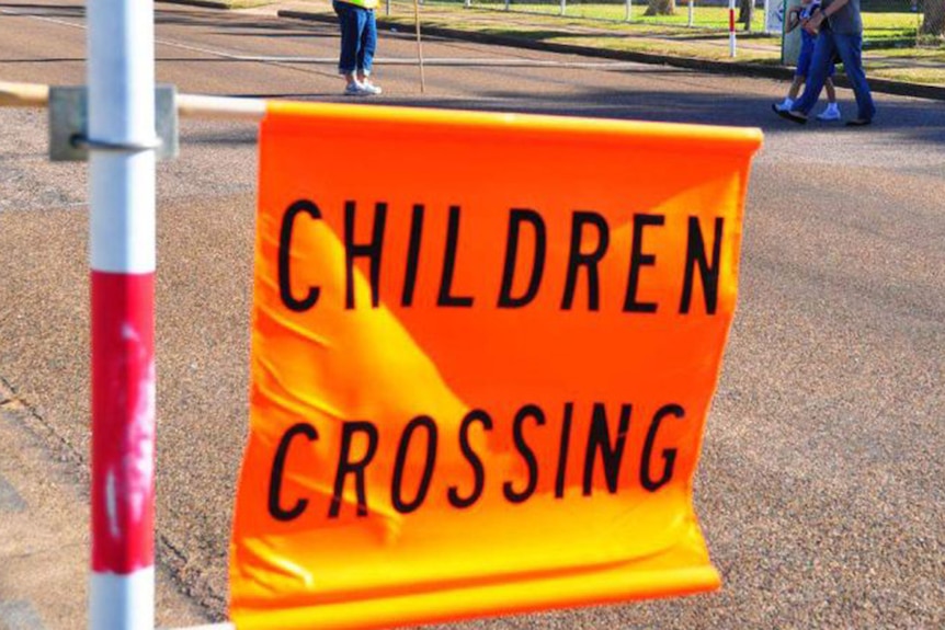 A generic photo of a children crossing sign near a school.