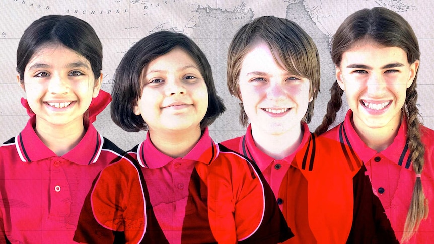 Four smiling students of different nationalities with an old Australian map in the background.