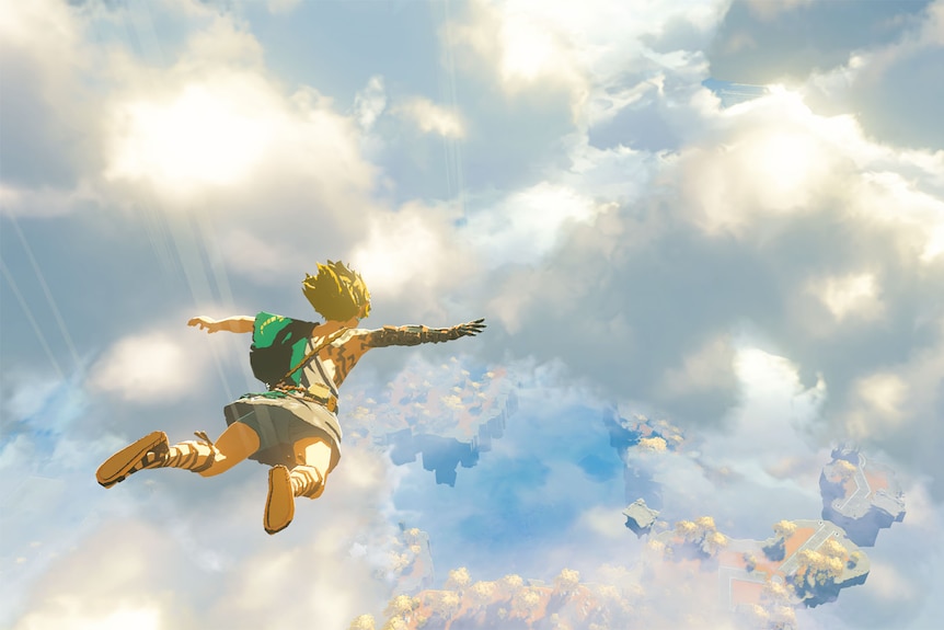 A still image from Zelda: Tears of the Kingdom of a character falling or floating through a cloudy sky
