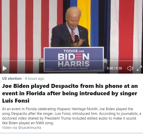 A screengrab. It says: A doctored video shared by Trump makes it sound like Biden played an NWA song
