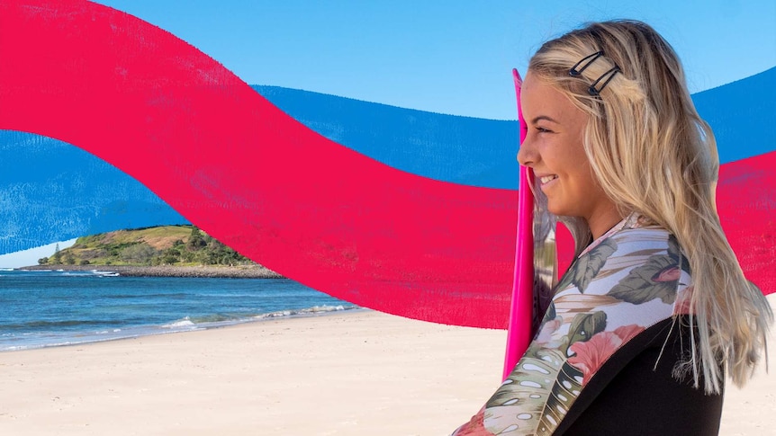 A teenage girl holding a surfboard looks out to the waves from the beach for a story about surfing health benefits.