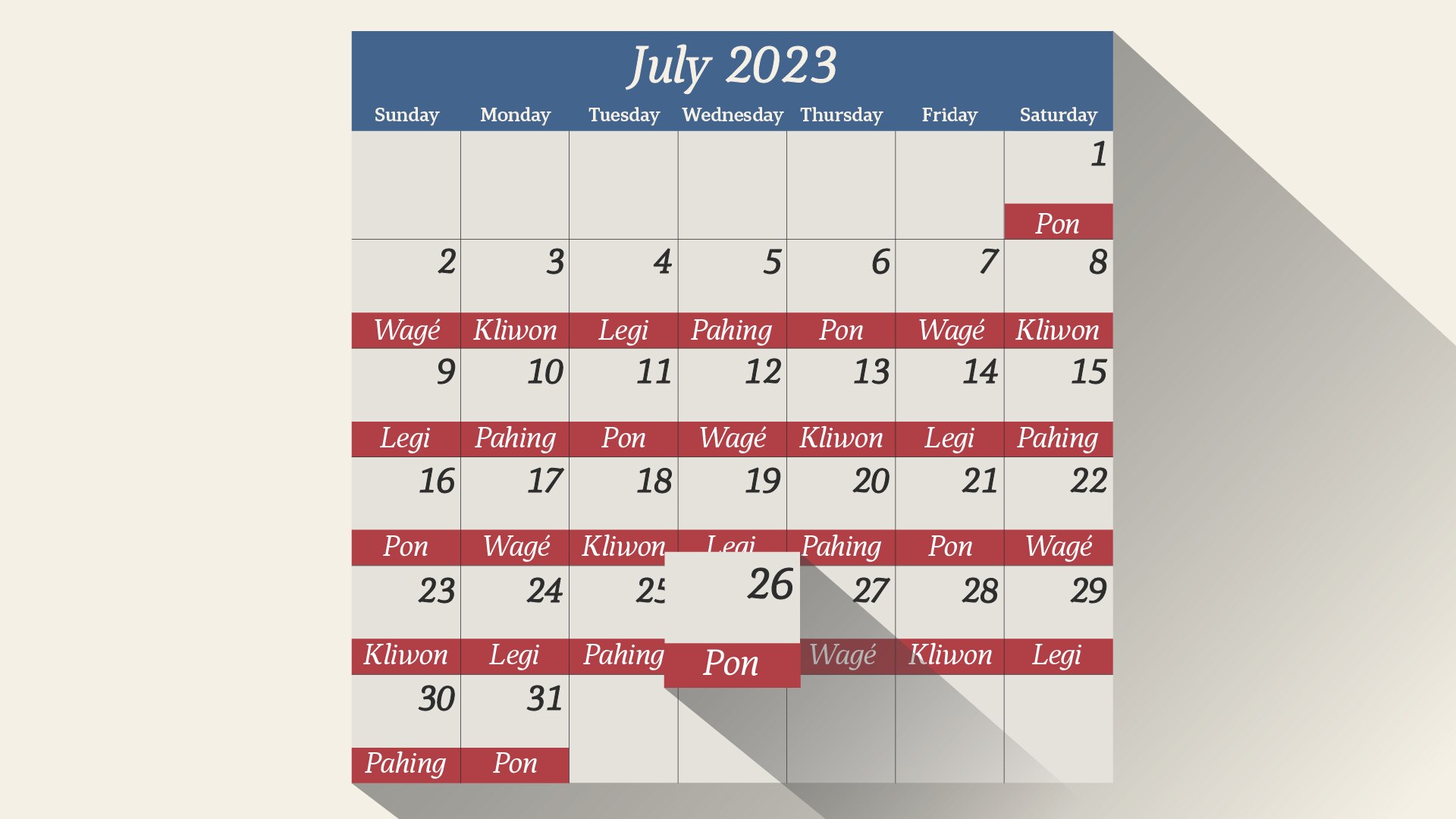 A graphic of Javanese calendar in the month of July 2023.