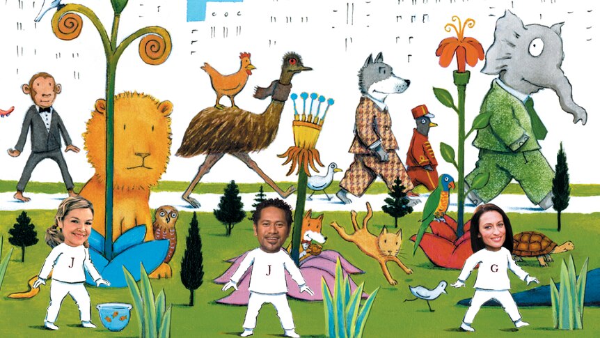 Detail of the cover illustration for Carnival of the Animals featuring Justine Clarke, Jay Laga’aia, and Georgie Parker.