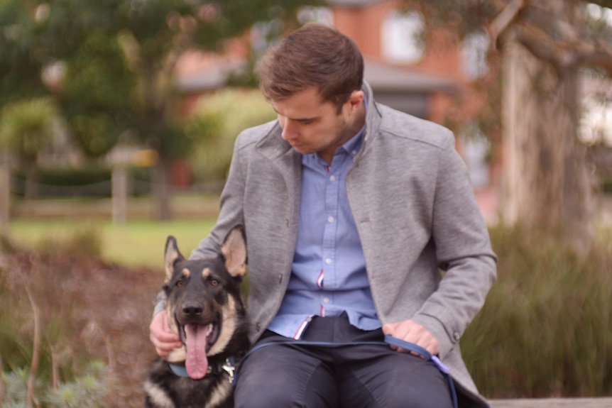 A man with brown hair sits in a park and looks at his german shepherd dog.